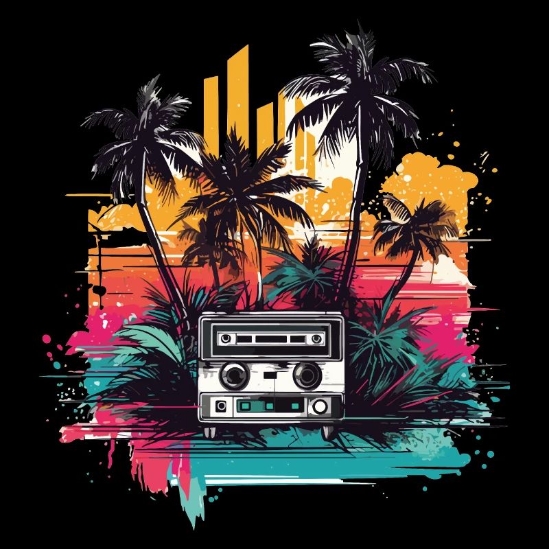 Sunny colorful cassette with palm tree magic