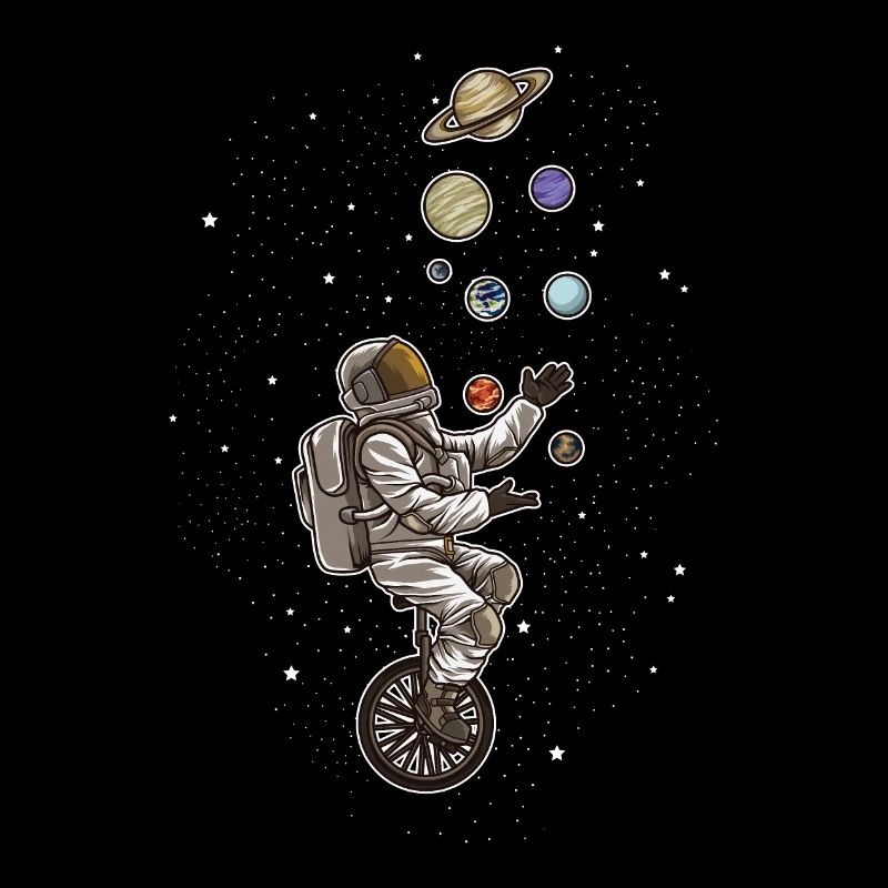 Astronaut jongliert Planeten auf einem Einrad