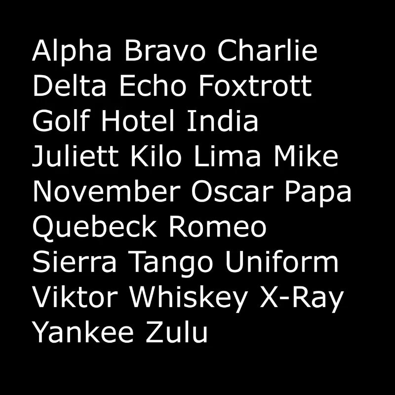 Aviator alphabet (Alpha, Bravo, Charlie...)
