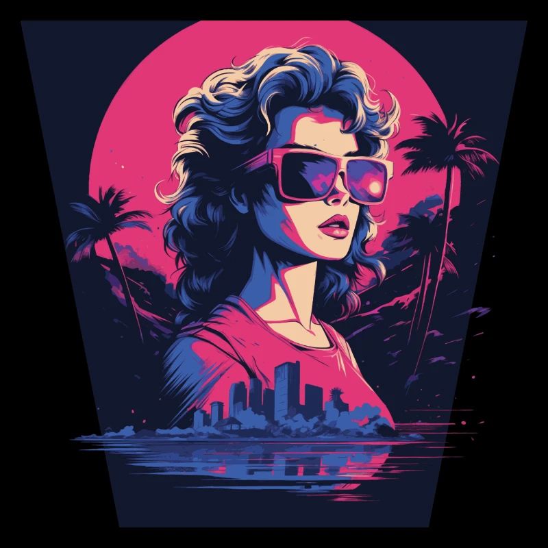 Cooles Mädchen mit Sonnenbrille Synthwave-Stadt und Handfläche