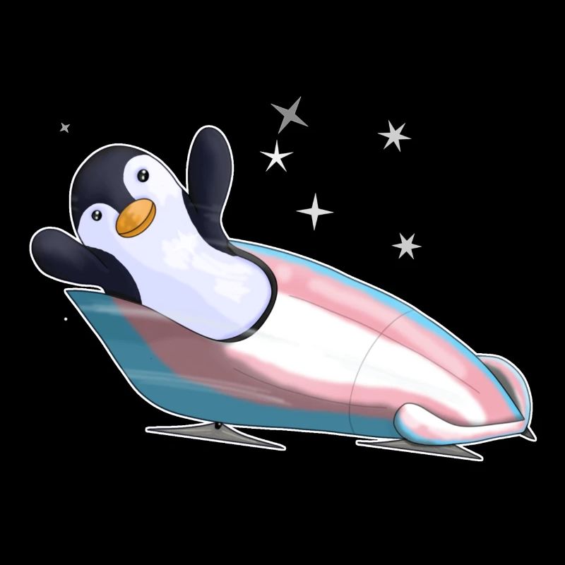 Penguin in a bobsleigh trans pride