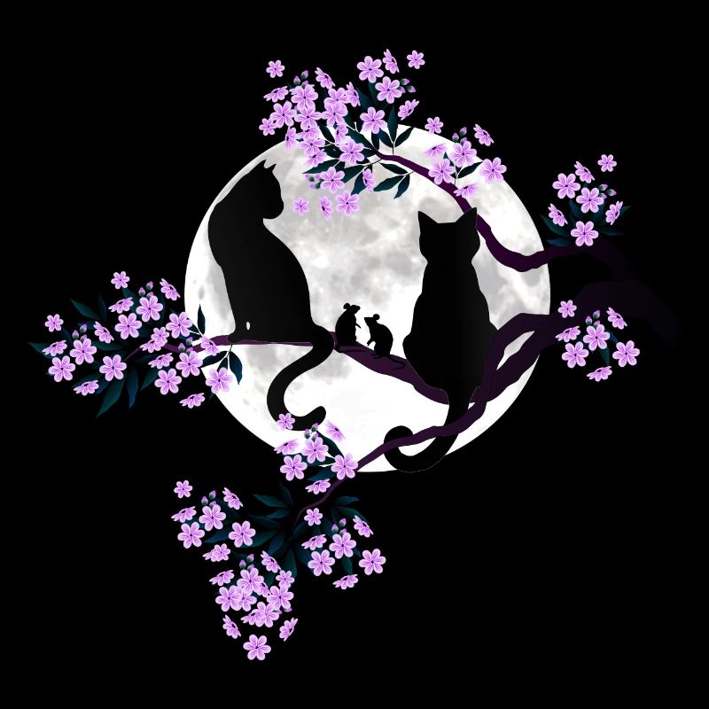 Cats under the full moon in the blossoming cherry tree