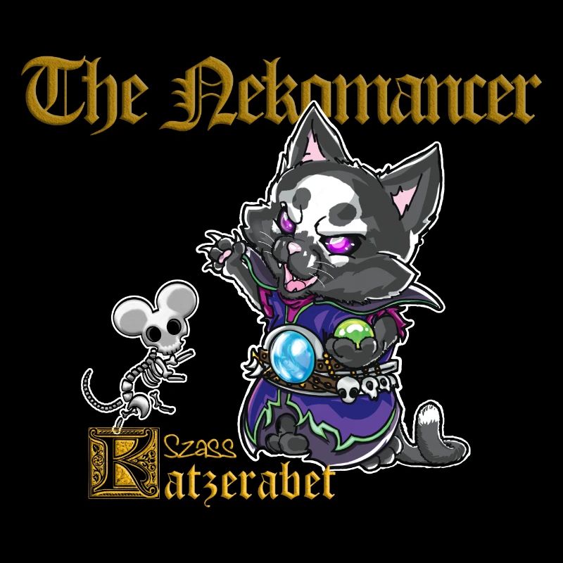 Cute cat necromancer black magic and skeleton