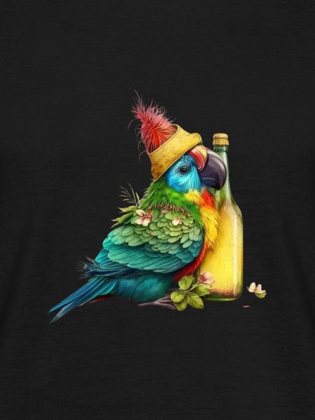 Parrot cuddles with beer