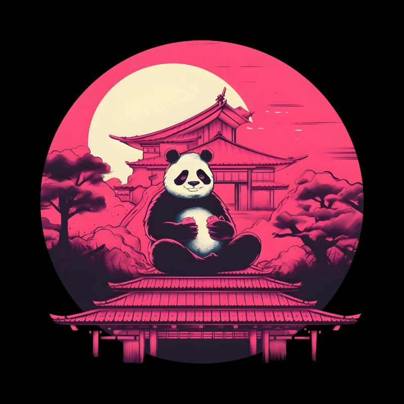 Synthwave mangeant Panda Japon Coucher de soleil