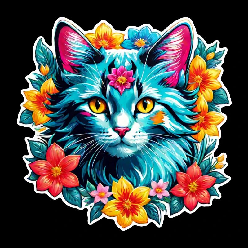 chat et fleur aquarelle