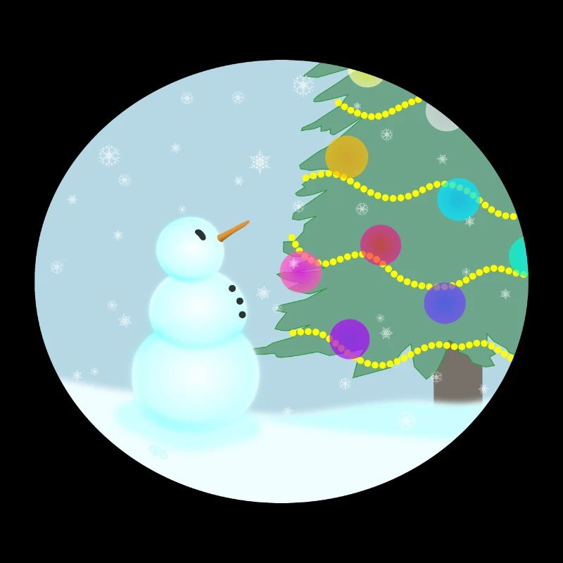 Schneemann bewundert Weihnachtsbaum