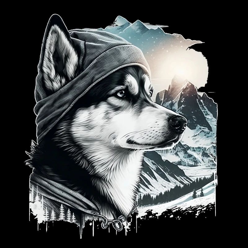 Husky avec casquette dans la neige