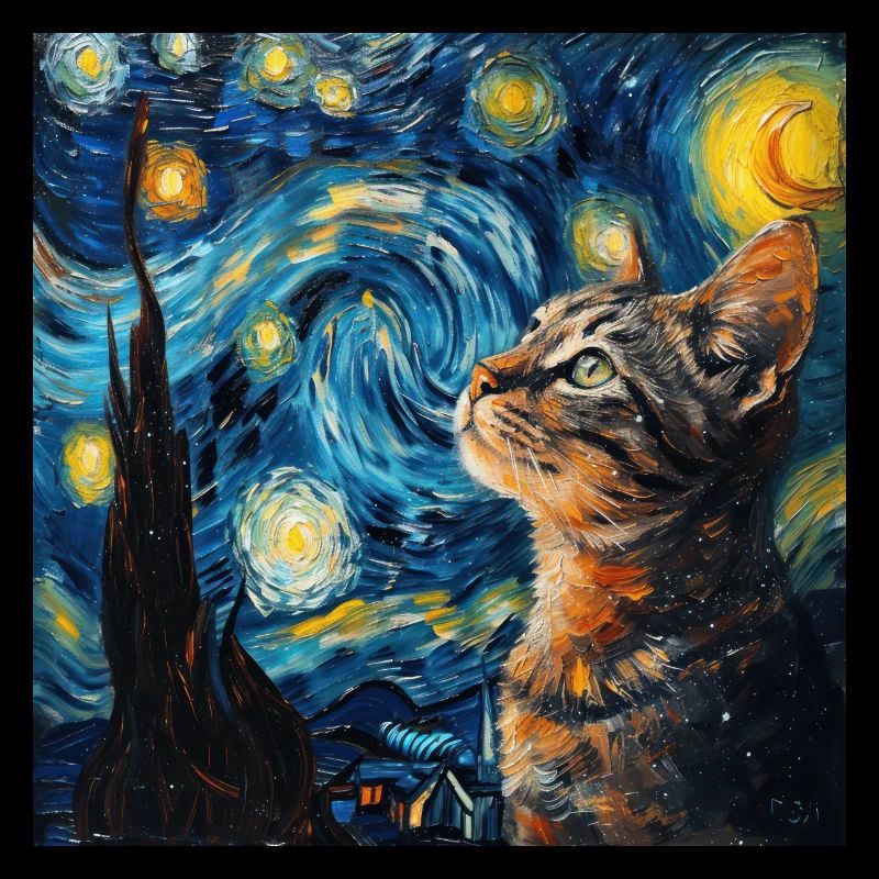 katze, tier, van gogh, sternenacht