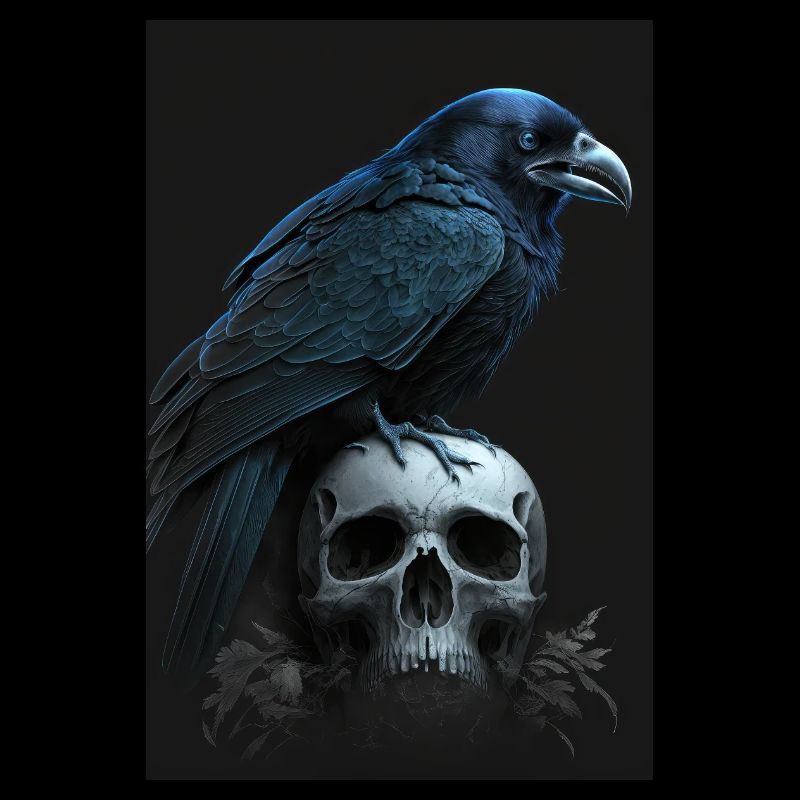 Raven sits on skull skull