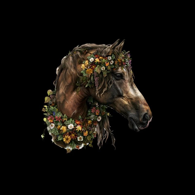 Tête de cheval avec couronne de fleurs