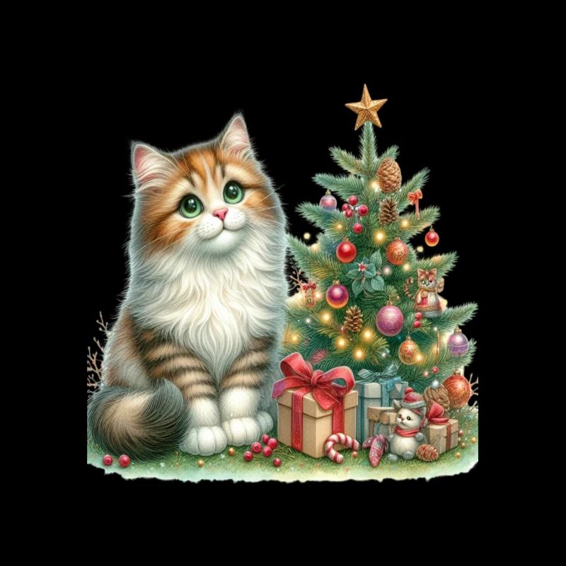 Chat mignon sous le sapin de Noël