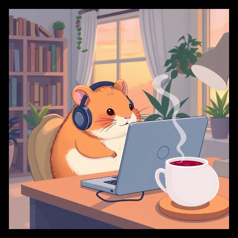 Chill Lofi Hamster - Scène de bureau confortable de style anime