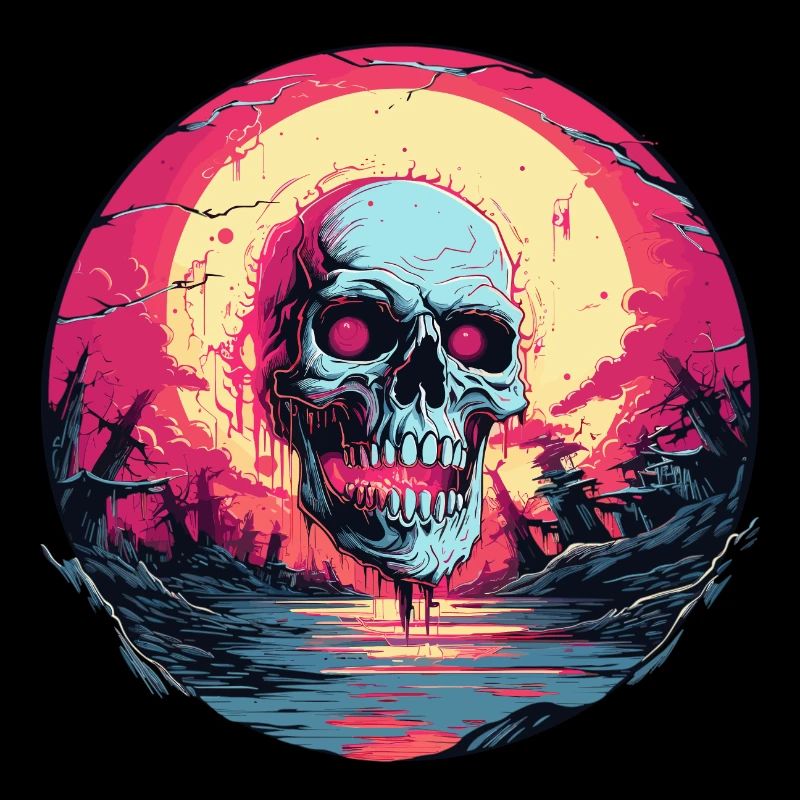 Synthwave Sunset Surreal Retro Cyberpunk Skull