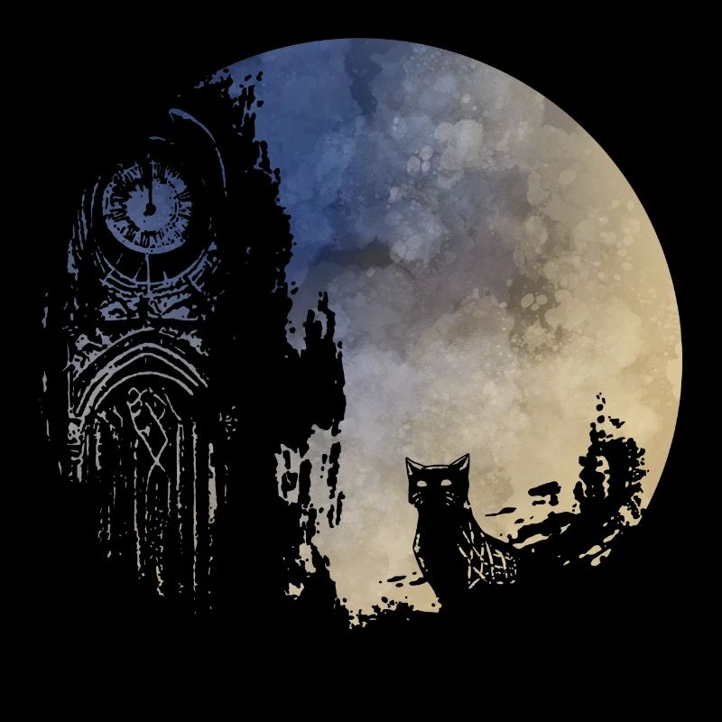Alter Uhrturm mit Katze (Gelbblau)