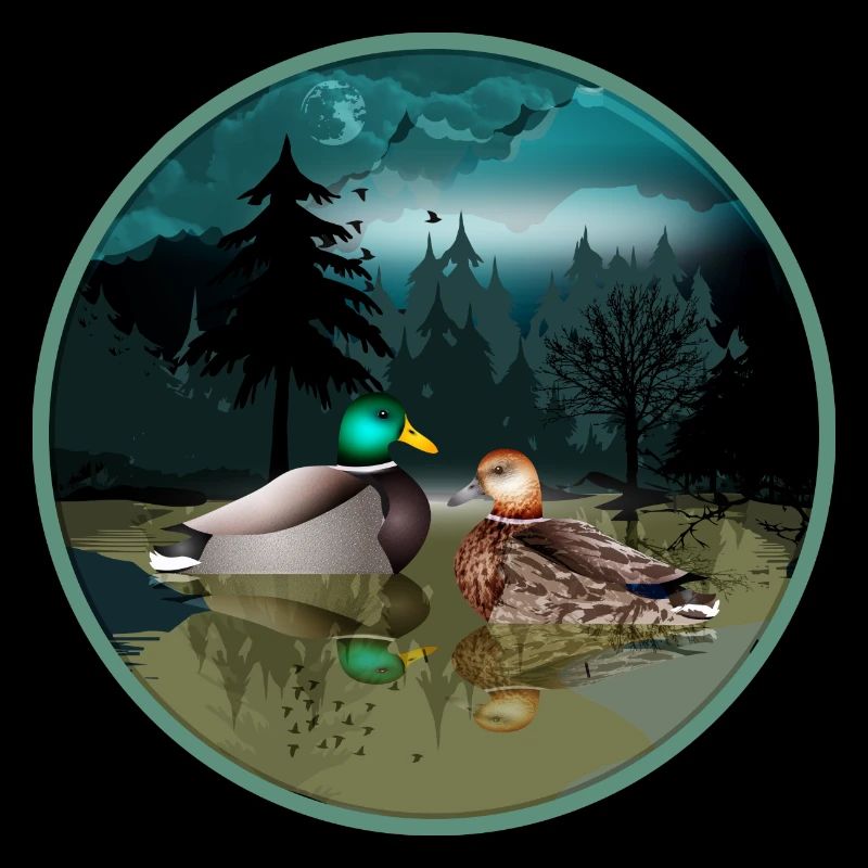 Duck couple in duck pond at night & moonlight