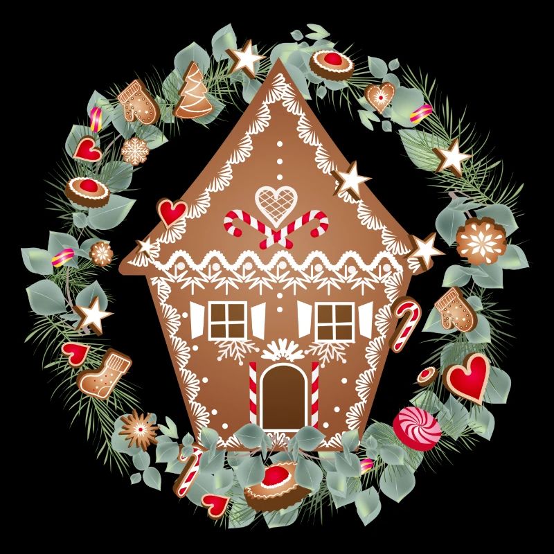 Gingerbread house in eucalyptus wreath for Christmas