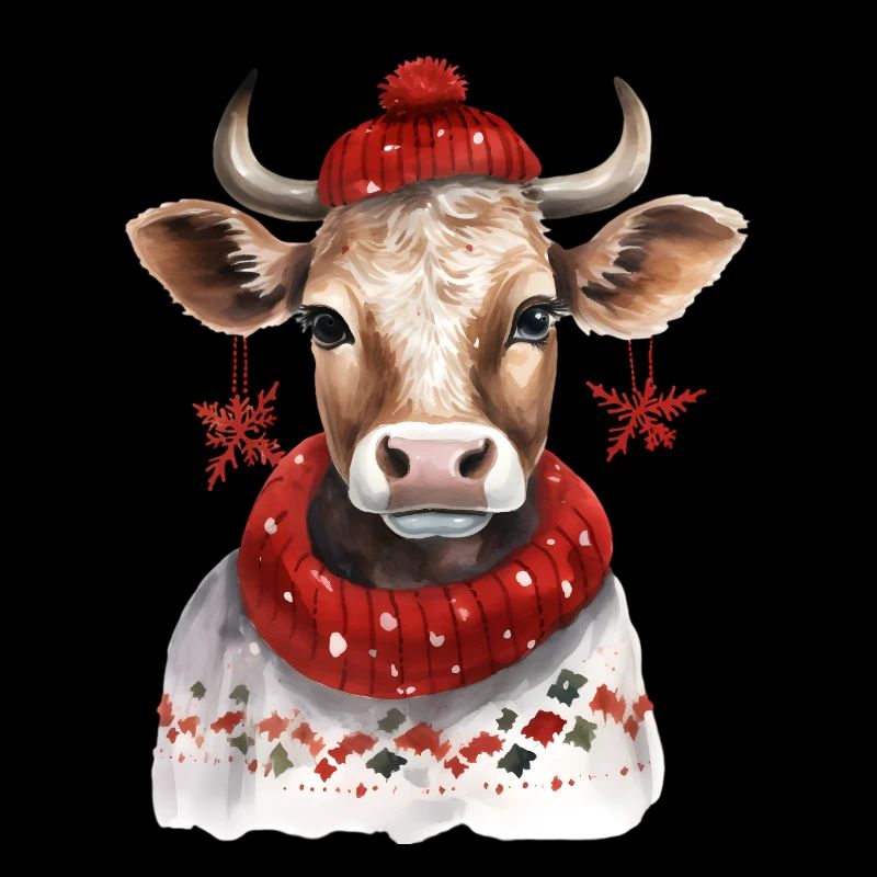 Vache d’hiver avec écharpe rouge et chapeau