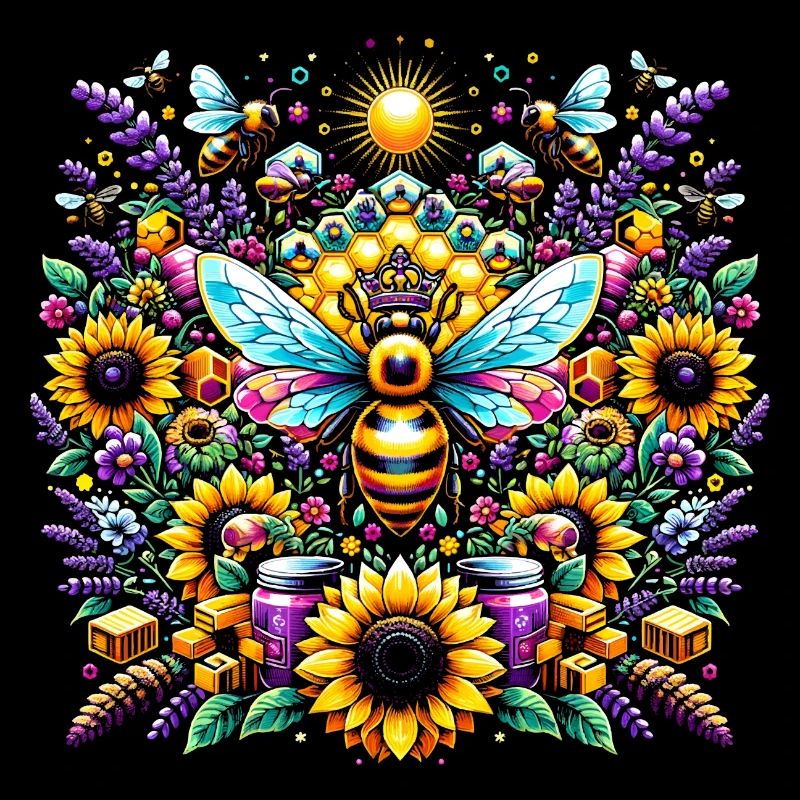 Vibrant, colorful artwork with bees