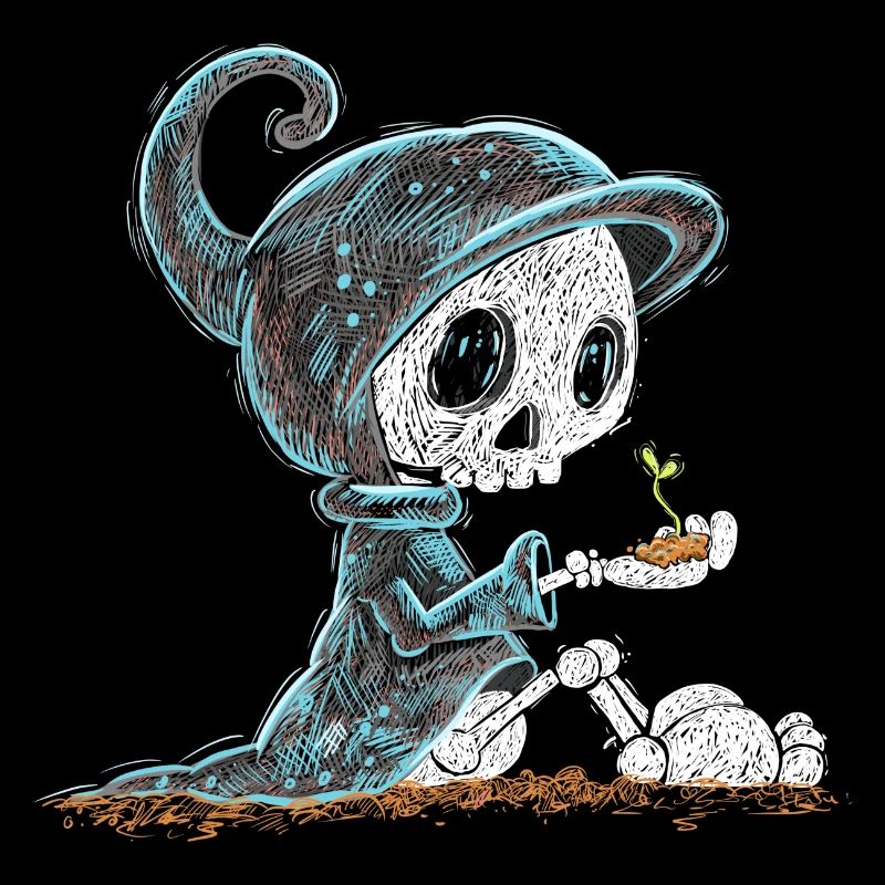 Skeleton Holding Plant Hope Emergence