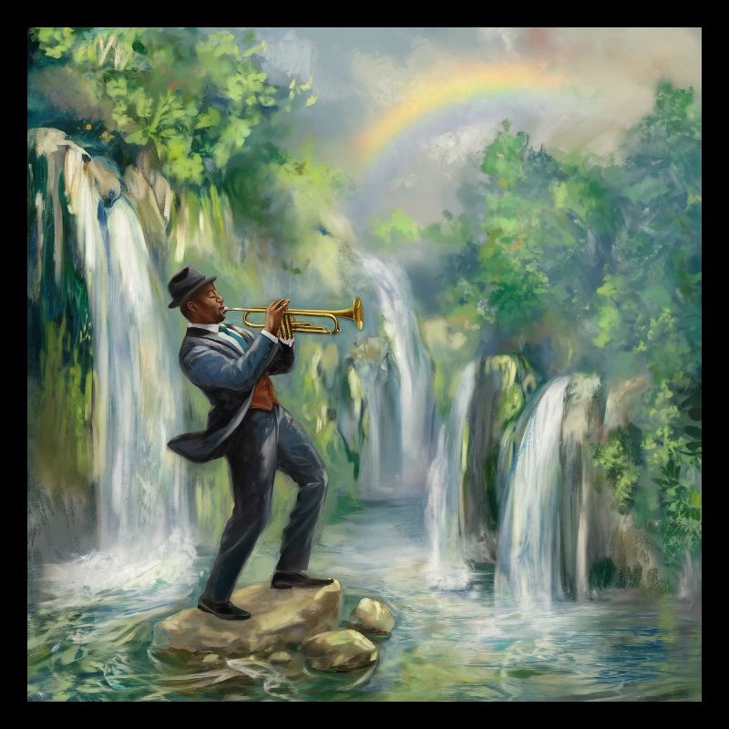 Jazz Trompeter vor Wasserfällen im Dschungel