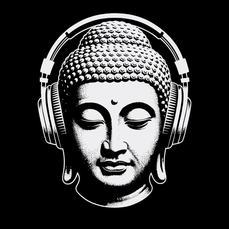 Bouddha avec casque Mindfulness Musique Boho Zen