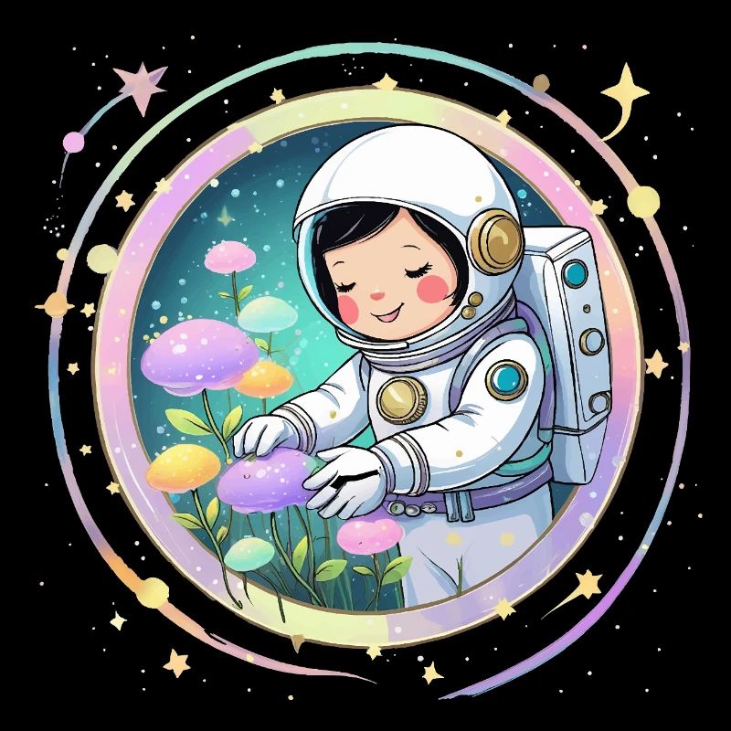 Astronautenmädchen mit Pilzen – Süßes Space-Design