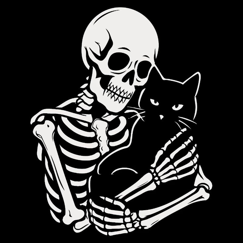 Skelett streichelt schwarze Katze
