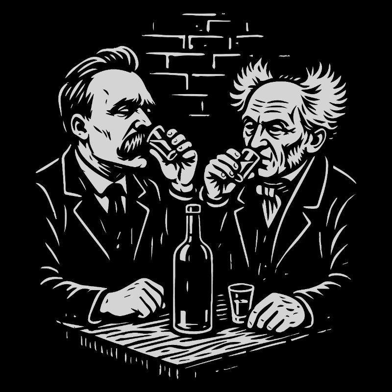 Nietzsche and Schopenhauer drinking vodka in a pub