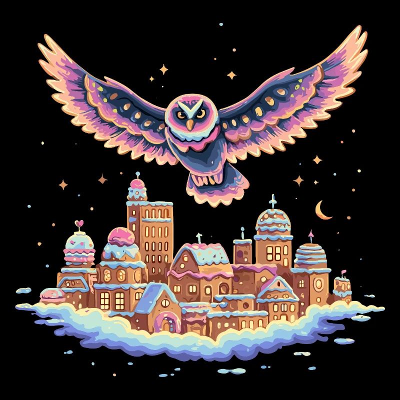 Pastel owl flight over cloud city
