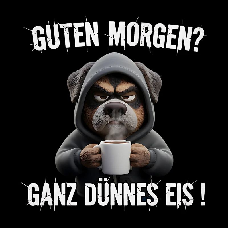 Grumpy dog with coffee for tired morning people