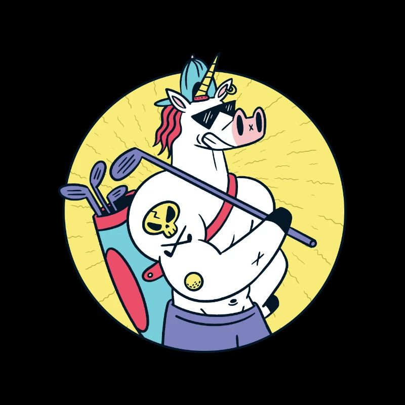 Starkes Einhorn mit Tätowierung spielt Golf