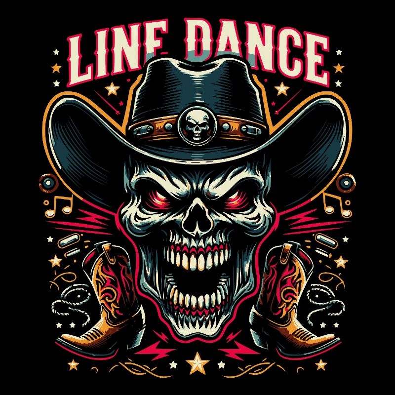 Line Dance Skull with Stetson and Boots and Lasso