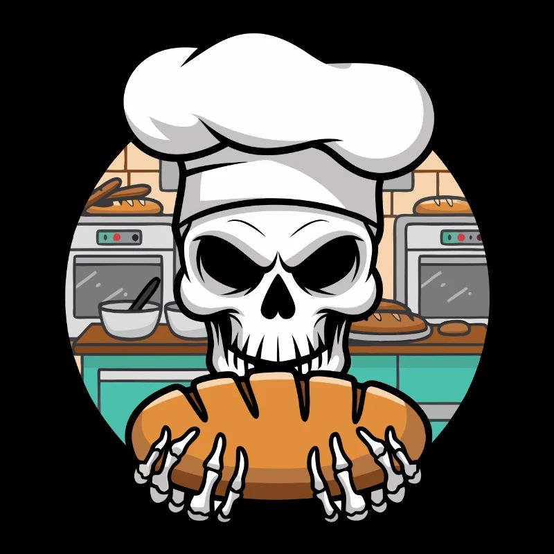 Funny Baker Skull with Bread. Old man bakes