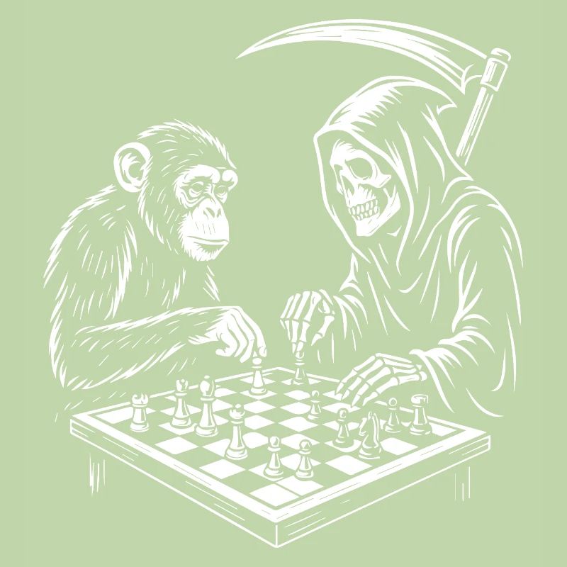 Sensenmann spielt Schach mit Schimpansen