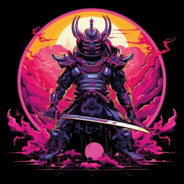 Samurai robotico con spada e armatura synthwave