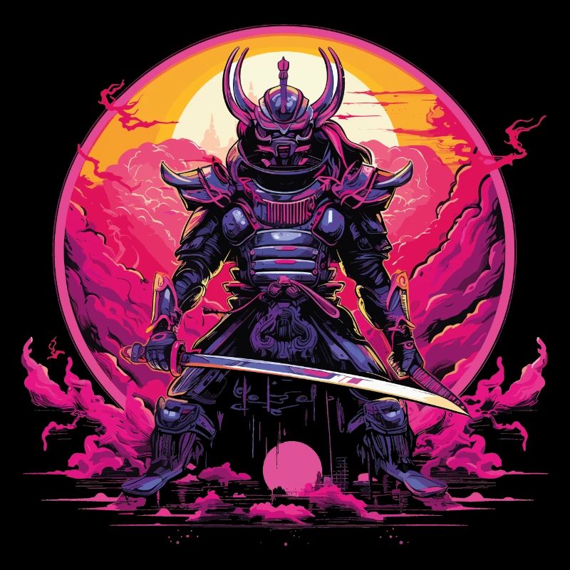Robotic Samurai With Sword And Synthwave Armor