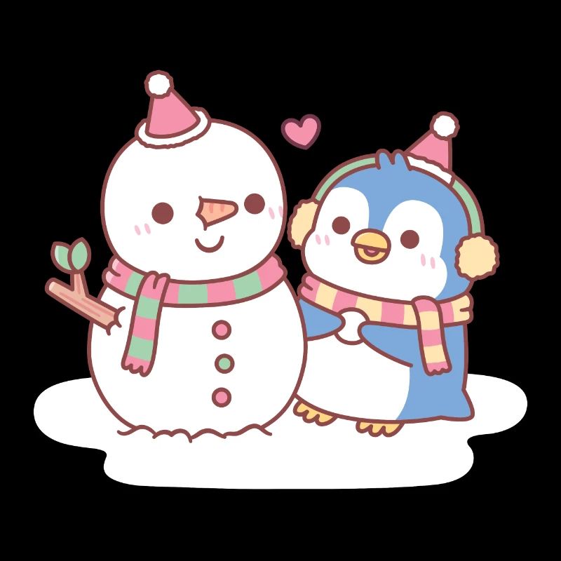 Cute Penguin Building A Snowman