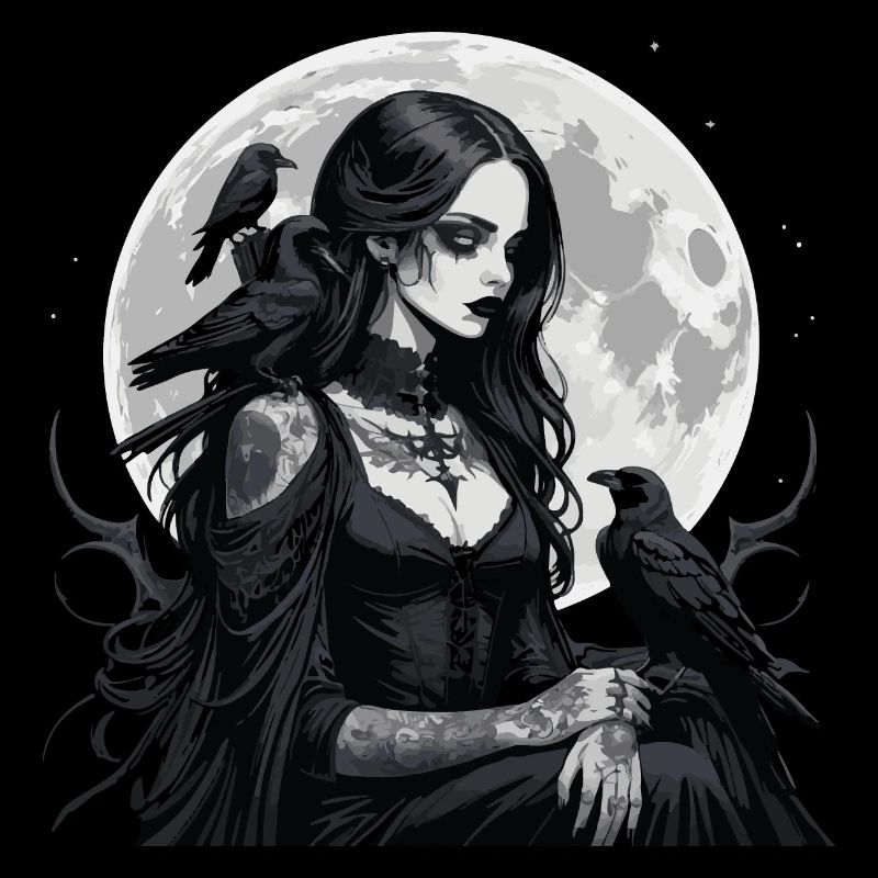 gothic woman with black ravens over the moon