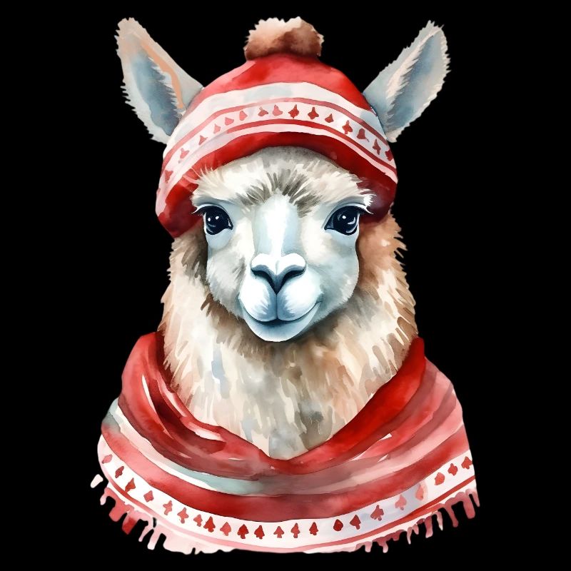 Lama avec chapeau d’hiver rouge et écharpe