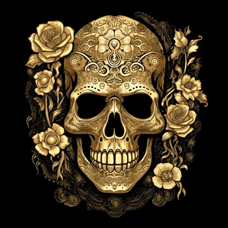 Design exclusif de crâne doré avec des roses