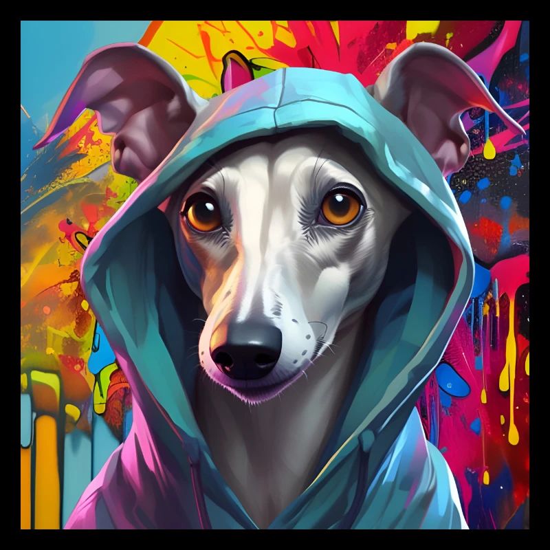 Whippet dans un graffeur à capuche