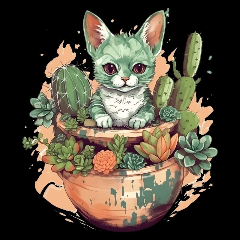 Cat in teracotta pot with cactus