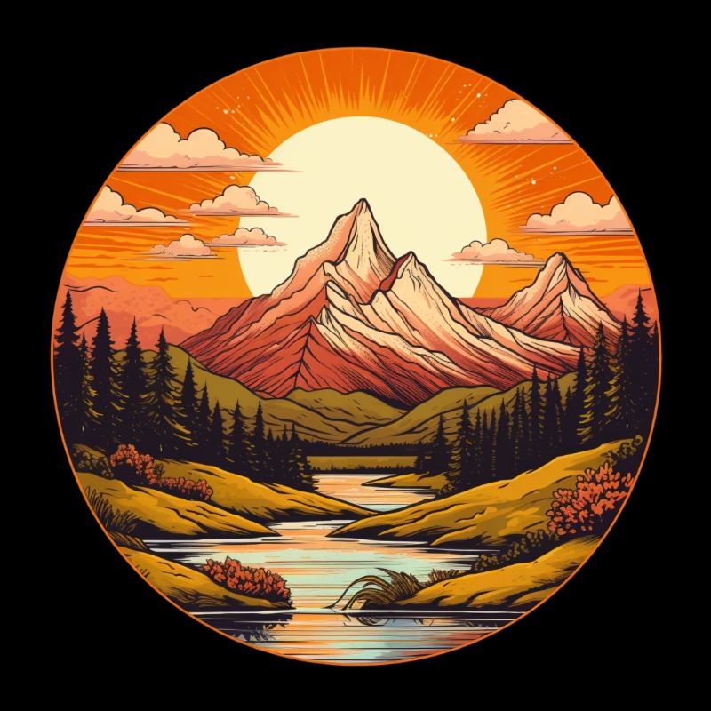 Berge mit einer Großen Sonne einem Fluss und Bäume