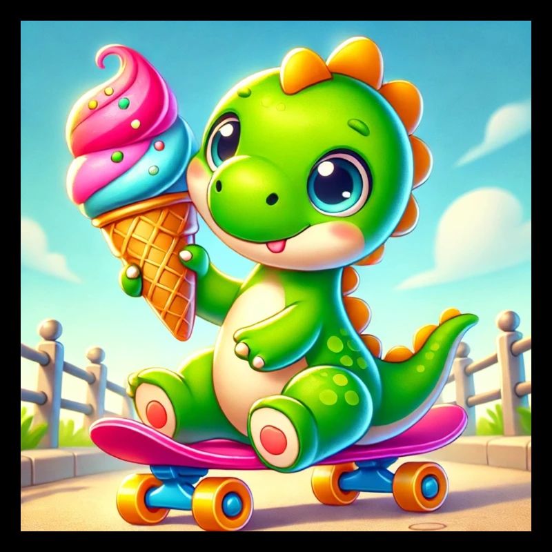 Dino mit Eiswaffel sitzt auf einem Skateboard