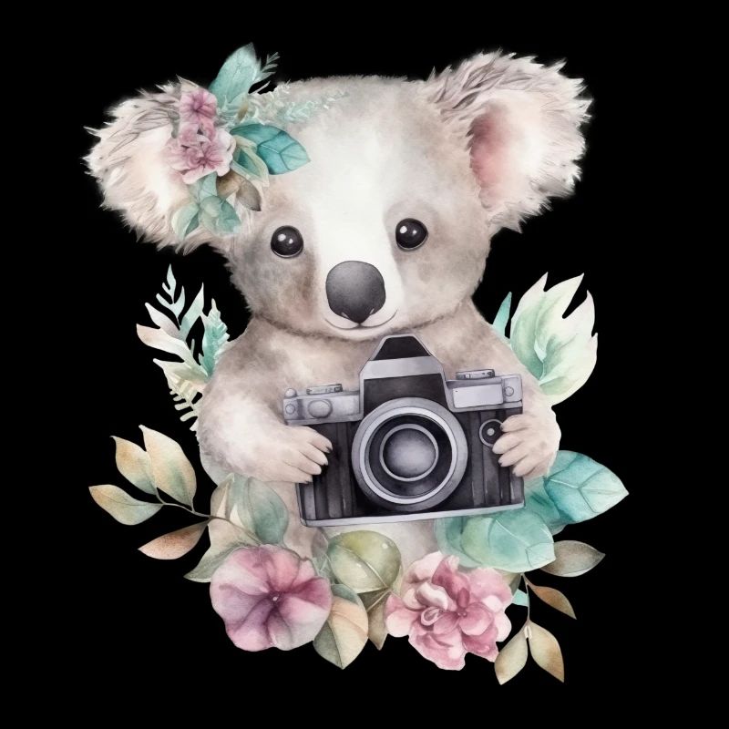 Cute & cute koala with camera and flowers