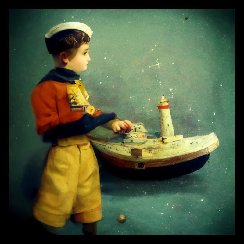 A boy in a sailors uniform playing with his toy