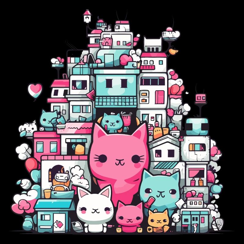 Chatons mignons dans de jolies maisons dans un style kawaii