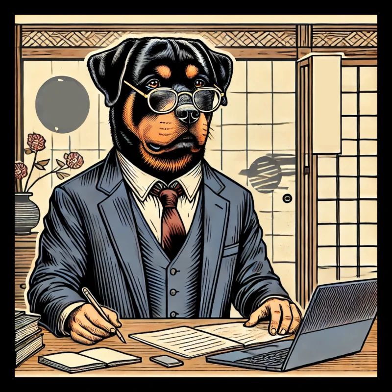 Rottweiler au bureau - Ukiyo-e Style