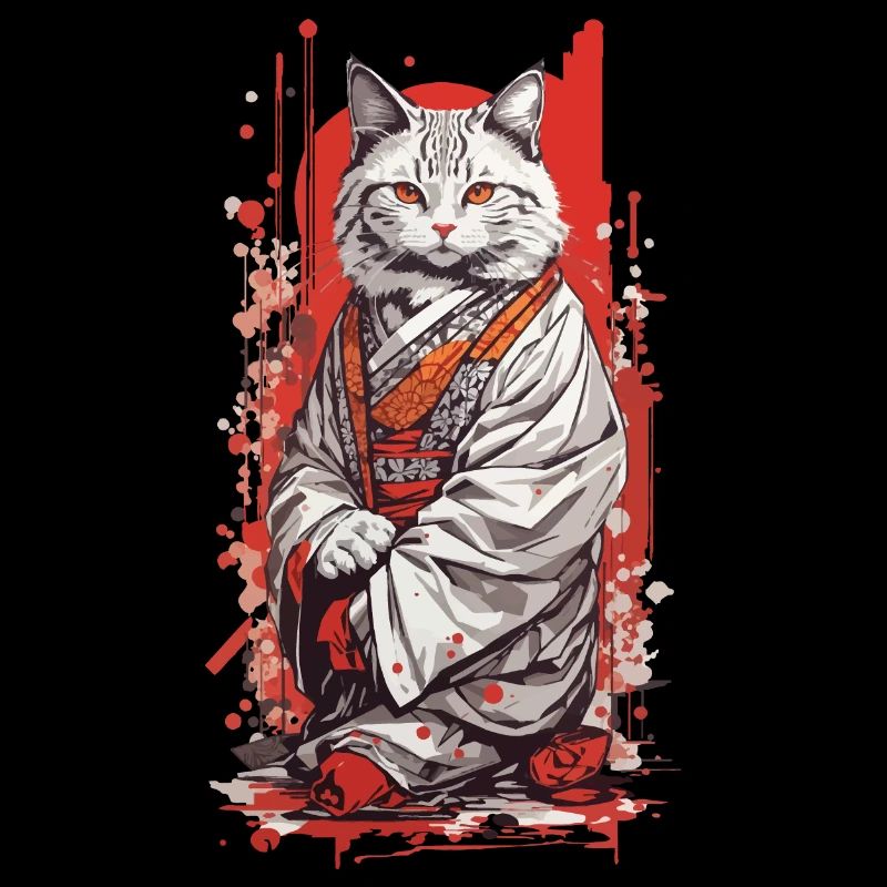 Japanese Kimono Cat Ukiyo-E Style